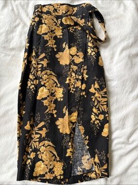 Reformation Linen Black & Gold Floral Wrap Midi Skirt